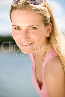 Portrait of beautiful blond woman enjoy sunny day