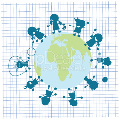 Children and globe illustration