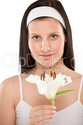 Beautiful woman holding garden lily flower