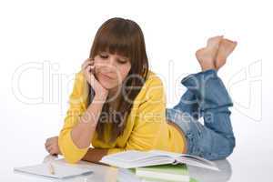 Student - Happy female teenager write homework think
