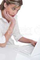 Blond woman working with laptop