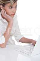 Woman working with laptop and waiting