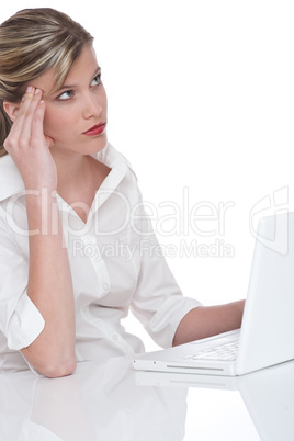 Blond attractive woman working with laptop