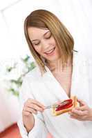 Breakfast - Happy woman with toast and marmalade