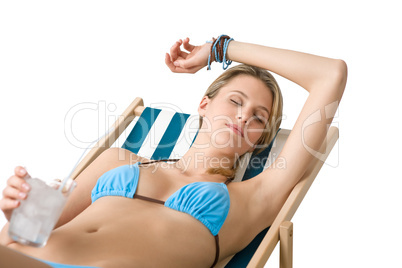 Beach - Happy woman in bikini with cold drink