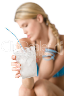 Beach - Happy woman in bikini with cold drink