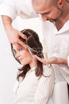 Professional hairdresser cut with scissors at salon