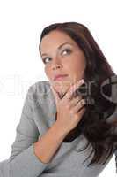 Beautiful brown hair woman watching up thinking