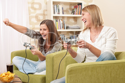 Students - Two female teenager playing video TV game