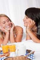 Two happy women having breakfast