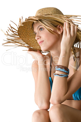 Beach - Happy woman in bikini with straw hat