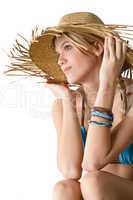 Beach - Happy woman in bikini with straw hat