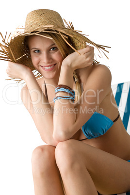 Beach - Happy woman in bikini with straw hat
