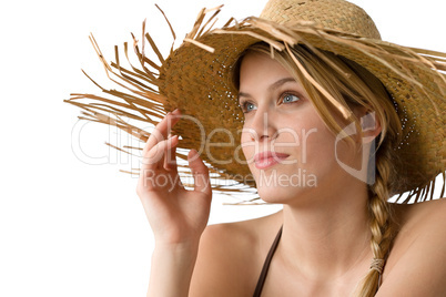 Beach - Happy woman in bikini with straw hat