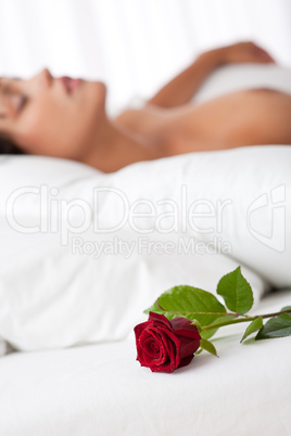 Woman lying in white bed, focus on rose