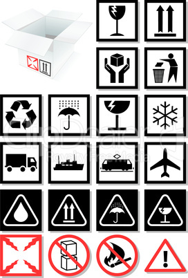 Vector illustration set of packing symbols and labels.