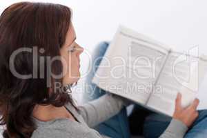 Brown hair woman reading book