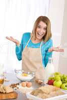 Baking - Surprised woman prepare fresh ingredients for healthy c