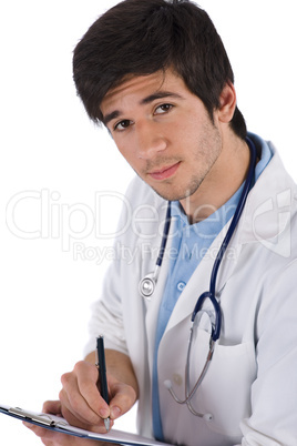 Male student doctor with stethoscope writing