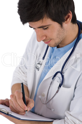 Male student doctor with stethoscope writing