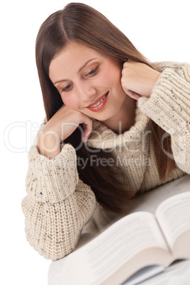 Portrait of young happy woman with book