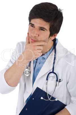 Thoughtful male doctor student with stethoscope