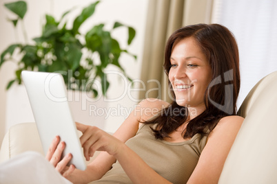 Woman with touch screen tablet computer
