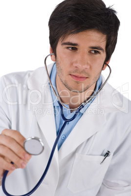 Thoughtful male doctor student with stethoscope