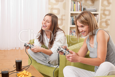 Students - Two happy female teenager playing TV game