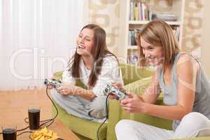 Students - Two happy female teenager playing TV game