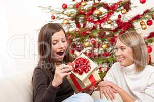 Young woman unpacking Christmas gift