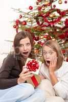 Two smiling women with Christmas present