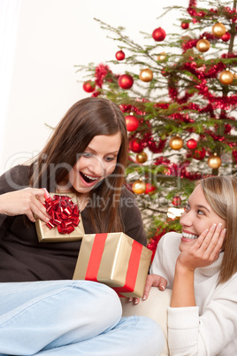 Two smiling women unpacking Christmas present