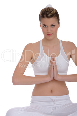Fitness - Young woman in yoga position on white Fitness - Young woman in yoga position on white