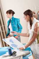 Fashion model trying turquoise jacket in designer studio