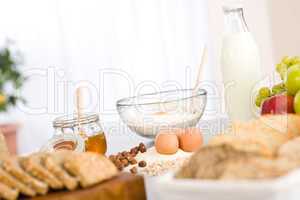 Baking dough ingredients, honey, eggs, flour