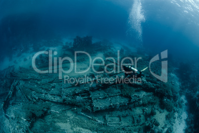 Female scuba diver over ship wreckage