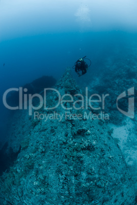 Female scuba diver exploring ship wreck