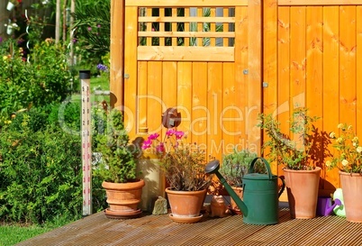 Garten Idylle des Eigenheims im Sommer mit Tongefäßen und Blumen
