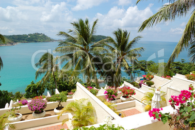 Terrace with sea view at luxury hotel, Phuket, Thailand