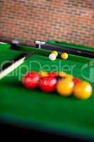 Close-up of a billiard with balls and cue