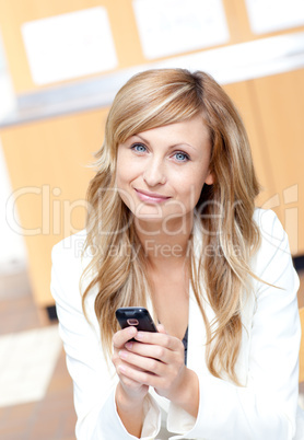 businesswoman sending a text message