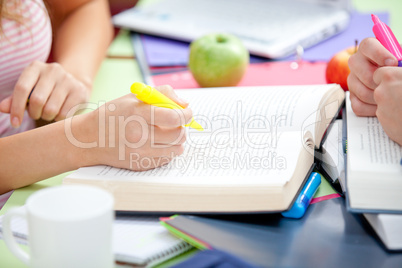 Close-up of two students studying together
