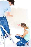 Concentrated couple painting a room
