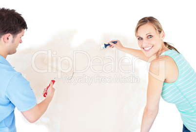 Smiling couple painting a room