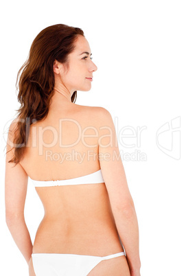 Positive hispanic woman wearing bikini