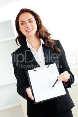 businesswoman holding a clipboard