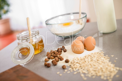 Baking dough ingredients, honey, eggs, flour