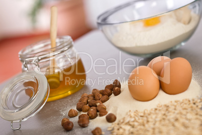 Baking dough ingredients, honey, eggs, flour