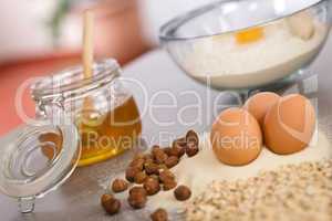 Baking dough ingredients, honey, eggs, flour